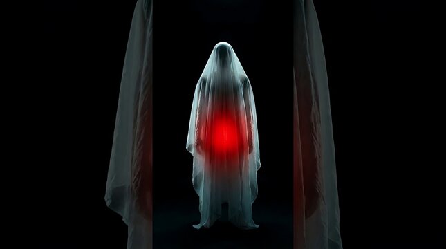 A spooky glowing ghost figure standing between two dark curtains for a mysterious and dark halloween themed background
