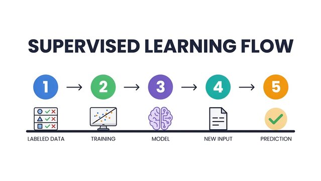 Supervised learning flow infographic for machine learning