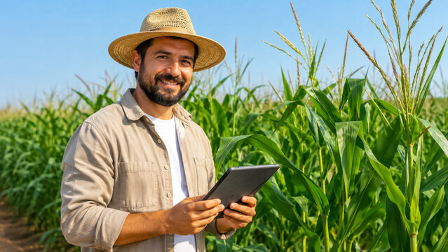 Agricultor usando tablet em planta&ccedil;&atilde;o de milho