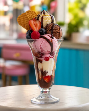 Ta&ccedil;a de sorvete com frutas vermelhas e chocolate