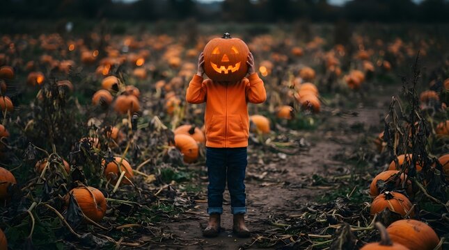 Child standing in a pumpkin patch with a carved pumpkin head
