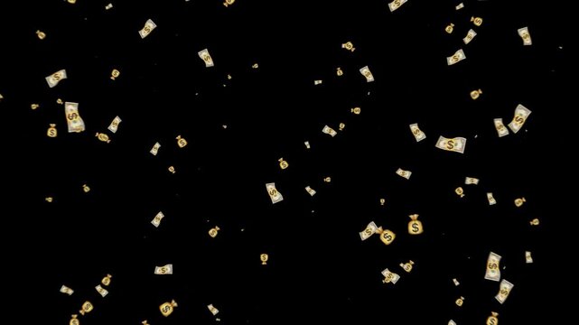 Banknotes and small money pouches rain down scattered across a dark black backdrop.
