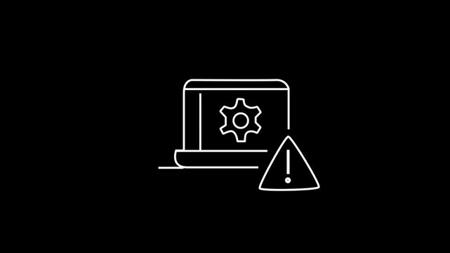 Laptop icon featuring a settings gear on the screen and an exclamation point warning sign is depicted as a simple white outline graphic on a solid black background.