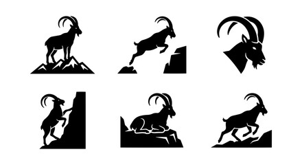 Fototapeta premium Alpine Ibex Vector Icons, Mountain Goat Silhouette Collection, Wild Animal Graphics, Nature Wildlife Set