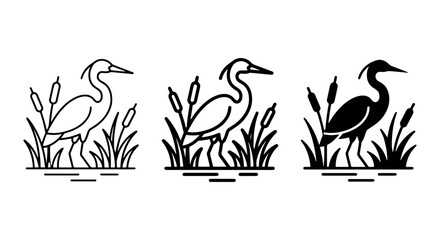 Fototapeta premium Heron Bird Icons, Wetland Wildlife Graphics, Elegant Crane Vector Set, Nature Silhouette Collection