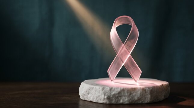A glowing pink ribbon standing on a stone pedestal representing breast cancer awareness and support for patients during the month of october