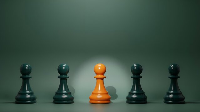 Unique orange chess pawn standing out from a row of dark green pawns, concept of leadership, individuality, and standing out from the crowd