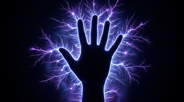 Human hand silhouette touching glowing purple plasma energy discharge on black background