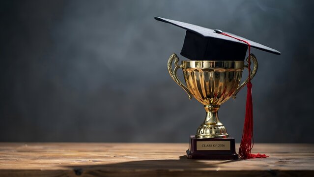 Graduation cap on top of a golden trophy cup with class of 2026 plaque on a wooden table