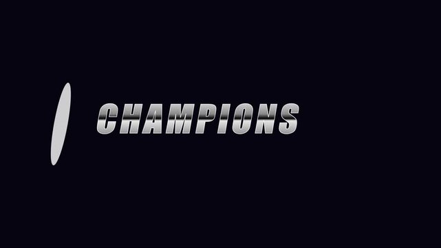 Champions metallic text animation with light sweep effect on 4k black background, motion typography