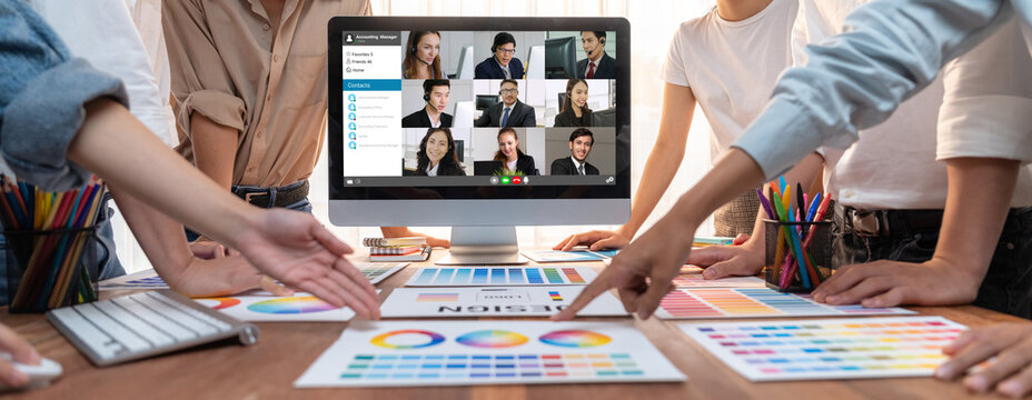 Business people on video conference for brisk virtual group meeting of corprate business office workers