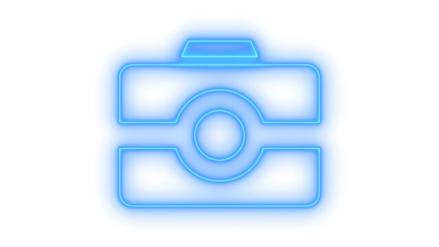 A colorful neon photo camera symbol representing photography and technology isolated on transparent background for creative graphic design and web development projects
