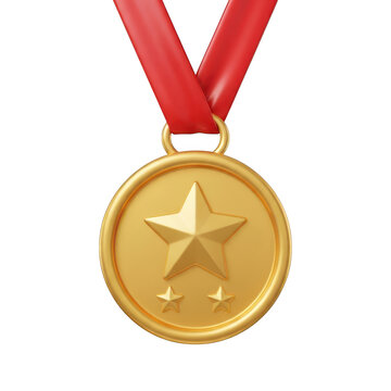 Gold star medal with red ribbon for achievement and reward.