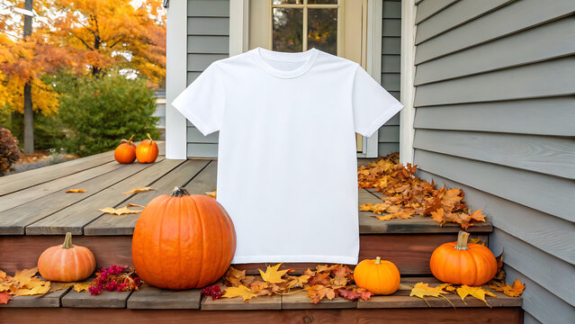 Plain white t-shirt displayed on wooden porch with autumn pumpkins and fall decor