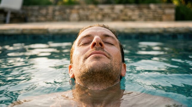 A serene young man floating peacefully on his back in a backyard swimming pool during golden hour sunlight with closed eyes representing calm wellness