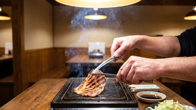 鉄板で肉を焼きトングでひっくり返す男性の手元