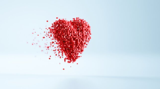 Red heart dissolving into many small pieces against a soft blue background, symbolizing lost love or heartbreak