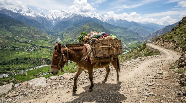 A sturdy pack mule carrying heavy wooden crates of produce across a narrow mountain trail with breathtaking Himalayan snowy peaks in the background