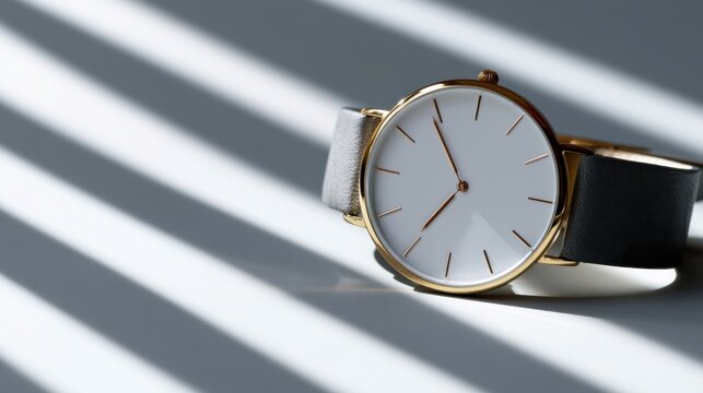 A minimalist wristwatch with a clean white dial and gold accents sits on a surface with striped shadows