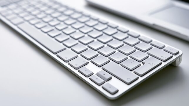 A clean and modern keyboard on a white surface, with a laptop partially visible in the background