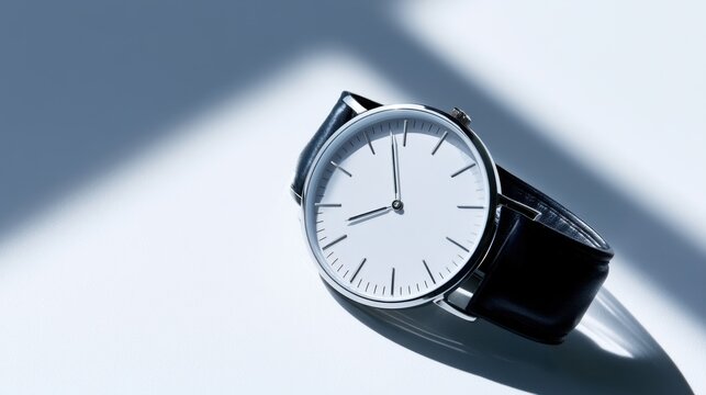 A minimalist wristwatch with a white dial and black leather strap, casting a shadow on a light background. The watch face shows the time as approximately 8:00