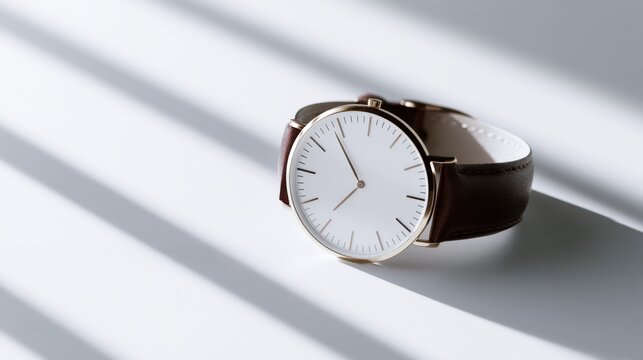 A minimalist wrist watch with a white face and brown leather strap, casting a shadow on a white surface with light streaks