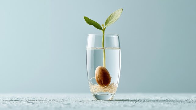 A small plant sprouts from a seed submerged in clear water inside a glass, showcasing the beginning of growth and life. The delicate green leaves unfurl upwards.