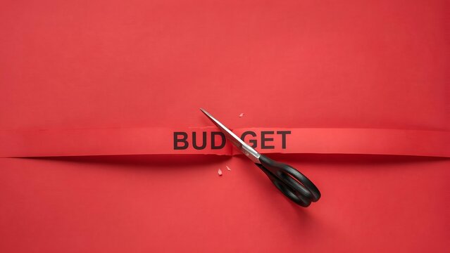 Scissors cutting a red paper strip with the word budget written on it