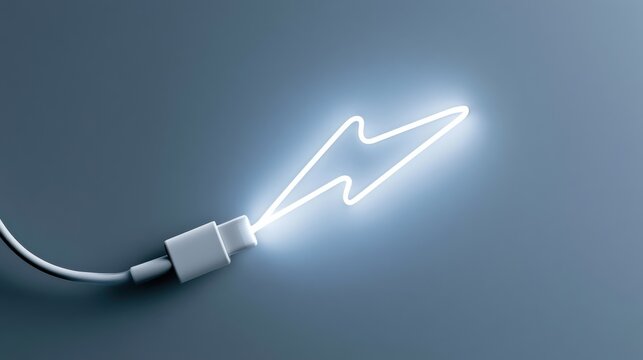 A lightning bolt symbol formed by a glowing white electric cord against a dark background, symbolizing power and energy