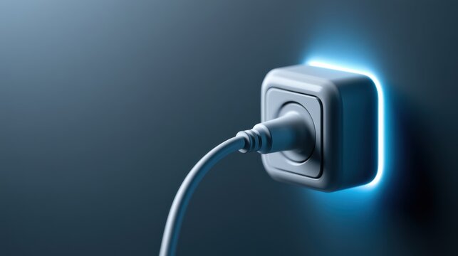 A white electrical plug glowing with blue light as it is plugged into a wall socket