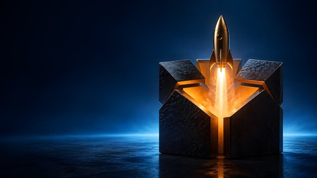 Golden rocket launching from abstract geometric structure with fire exhaust