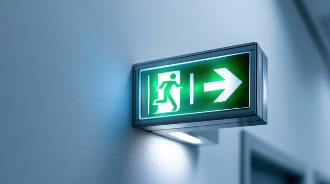 An illuminated green emergency exit sign on a wall, pointing the way to safety with an arrow and a running figure