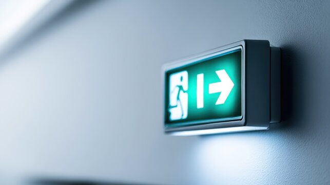 An illuminated green emergency exit sign with a white icon indicating an escape route, mounted on a light gray wall