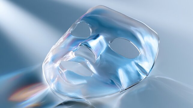 A transparent glass mask with a serene expression sits on a reflective surface, bathed in soft light