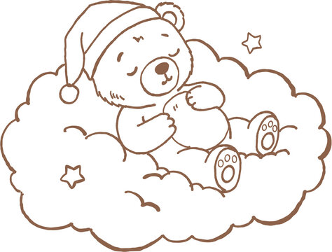Sleeping bear wearing nightcap resting on cloud with stars around, peaceful and cozy bedtime scene