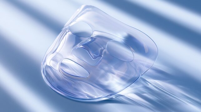 Transparent abstract glass object with light refractions and reflections on a blue gradient background