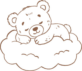 Sleeping bear cub resting on soft cloud with peaceful expression in simple brown line art style © jenjira