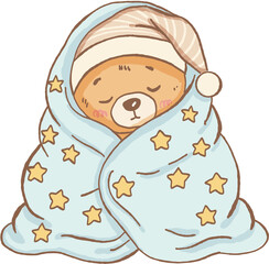 Sleeping bear wrapped in soft blue blanket with yellow stars and wearing striped nightcap, cozy and peaceful