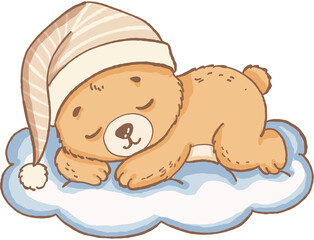 Sleeping bear cub wearing striped nightcap resting on soft cloud, peaceful and cozy mood for baby or nursery theme © jenjira