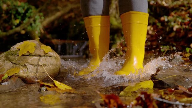 CLOSE UP, SLOW MOTION: Playful person in bright yellow rubber boots splashing through a shallow forest creek. Sunlight catches the flying water and colorful autumn leaves on a lively October walk.