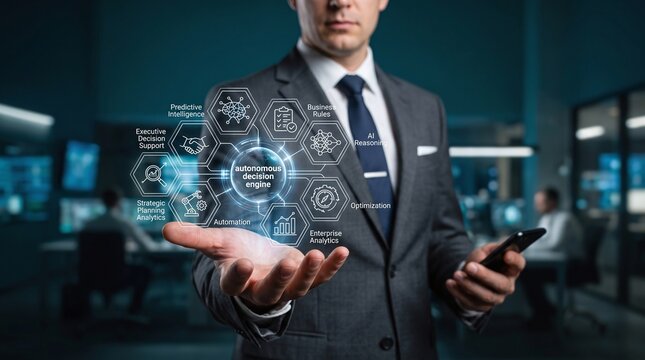 Corporate leader displaying a holographic autonomous decision engine and predictive intelligence dashboard.