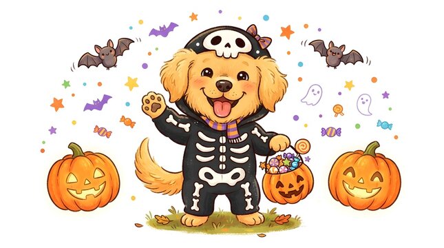 Cute puppy wearing a skeleton costume for halloween