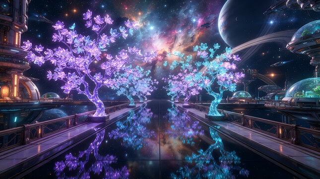 Glowing cherry blossom trees in a magical space landscape with planets and starry night sky