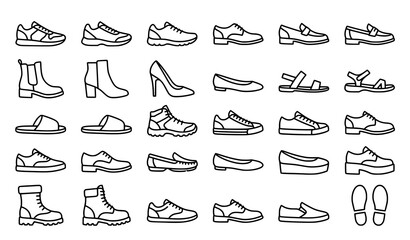 Obraz premium Men and women shoe outline icon set with sneakers boots heels sandals and footwear symbols