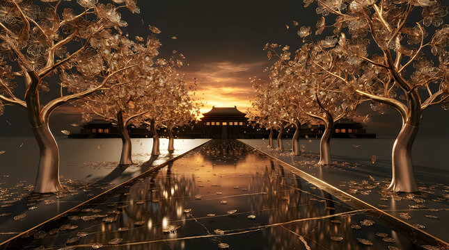 Golden trees lining a dark pathway leading to a traditional temple building at sunset