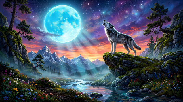 Lonely wolf howling at the full moon on a cliff in a vibrant starry night landscape