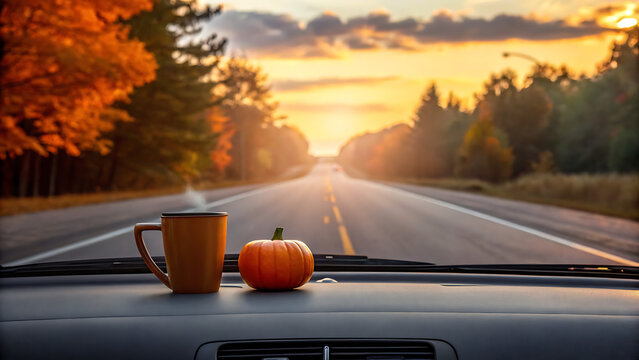 Road trip coffee break at golden sunset with pumpkin and travel mug on car dashboard