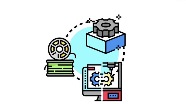 3d printing technology developing innovative objects and manufacturing parts, with filament material transforming into new prototypes and industrial designs through additive methods