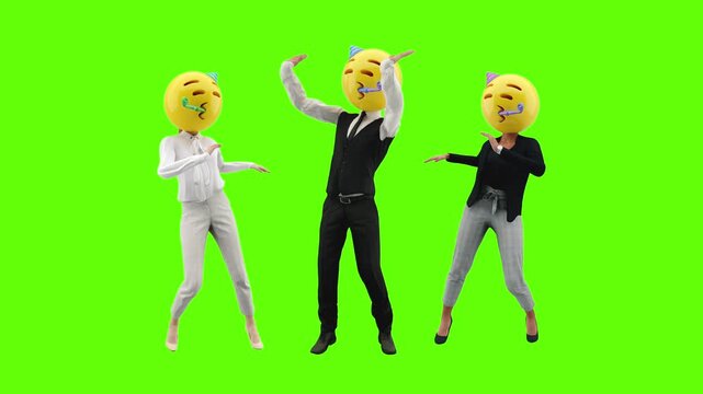 Business People at Emoji Heads Dancing of Party Celebration Loop Chroma Key Green Screen Background. Corporate Workers Celebrating Success on Office Event Motion Graphics Seamless Animation Concept 4k