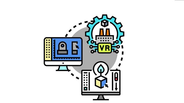 Vector depicting the comprehensive process of creating 3d printed objects, from initial digital design using cad software to industrial manufacturing and virtual reality integration